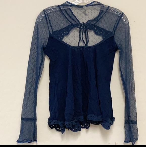 Free People Boho Blue Lace Eyelet Boho Top SMALL - Picture 6 of 7